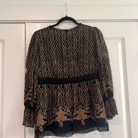 Nanette Lepore Women's 100% Silk Vneck Blouse Brown Black Lace Pattern Size 6 - Picture 3 of 8